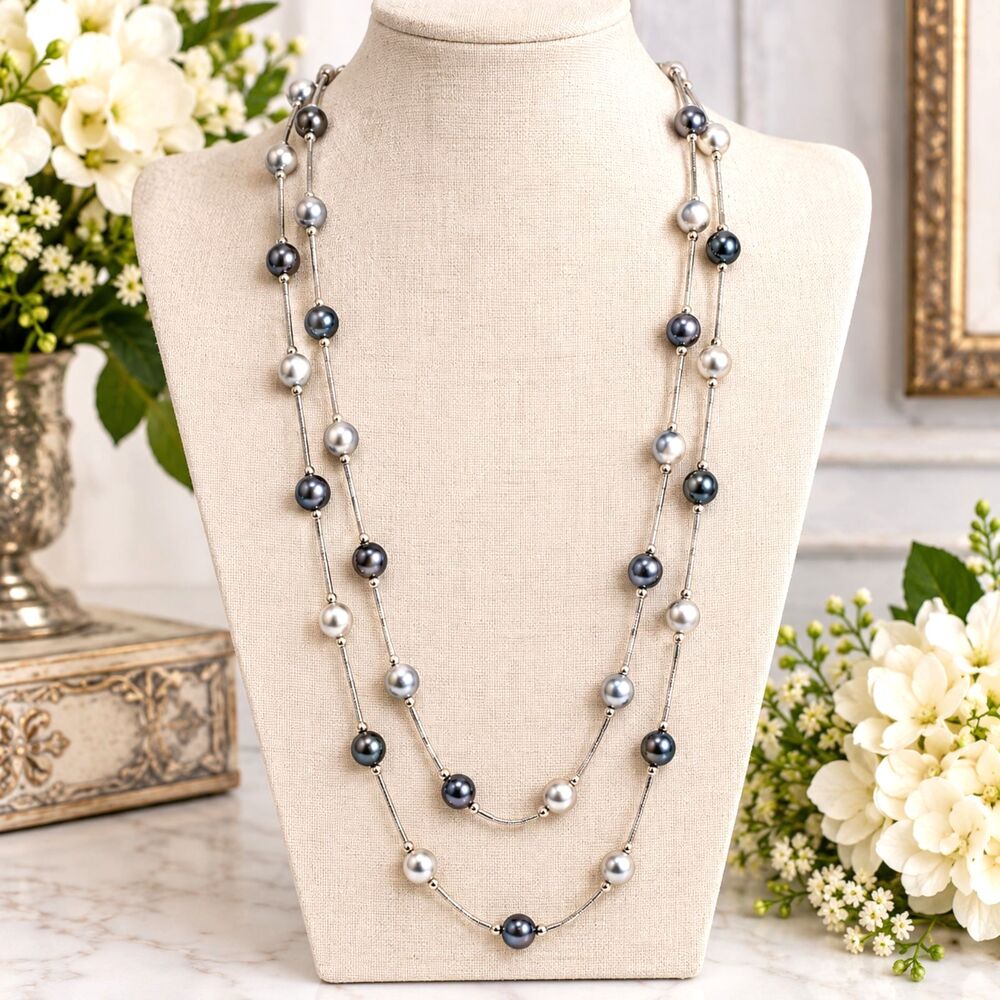 RMN Signed Silver Tone Gray Faux Pearl Station Chain Necklace